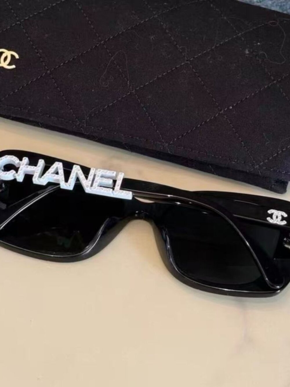 Chanel Black Sunglasses Crystal CHANEL Logo Frame